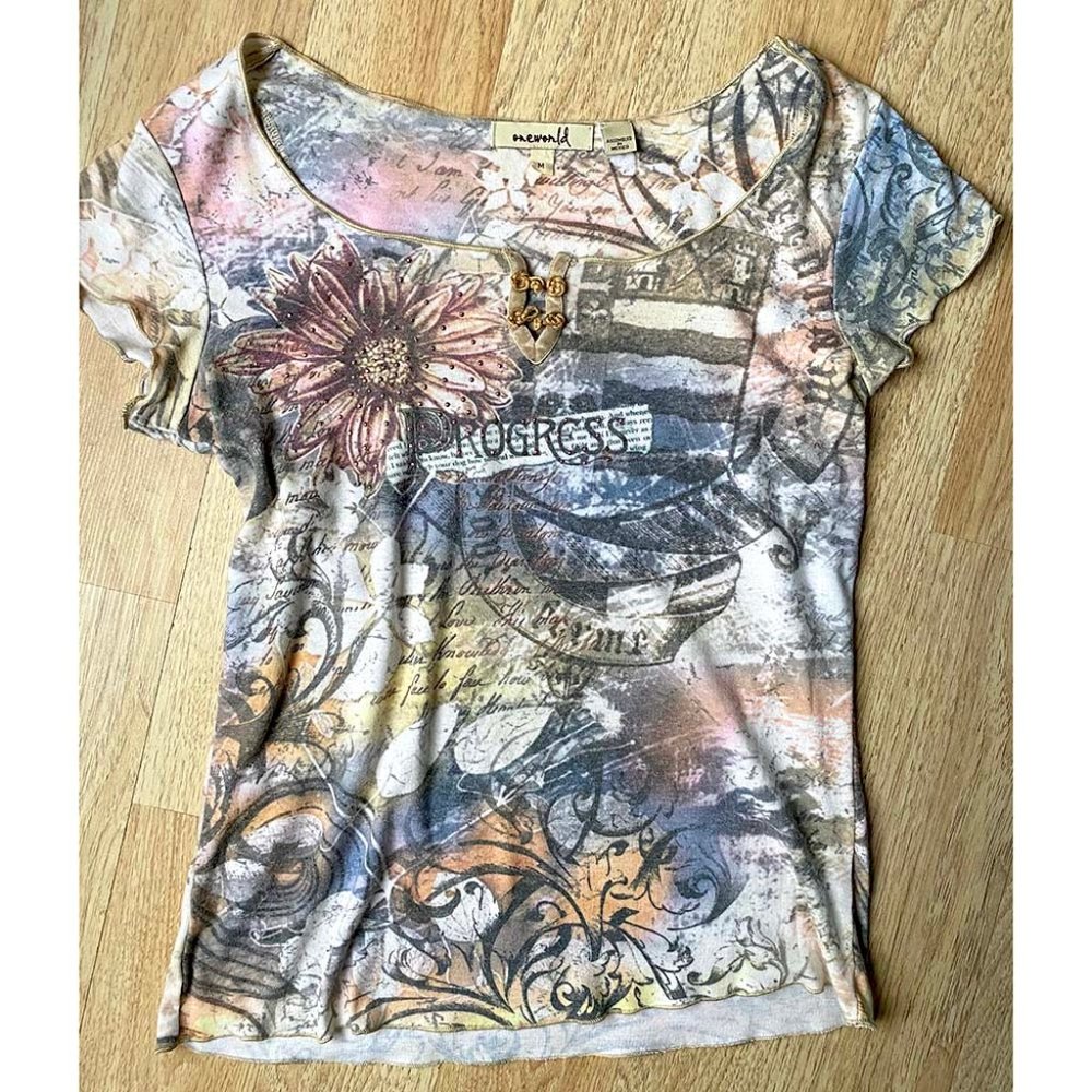 Cute Capped Sleeve Printed Tee Floral Scrolls